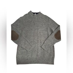 LL Bean 100 Wool Shetland Gray Pullover Mens XL Corduroy Elbow Patch Quarter Zip